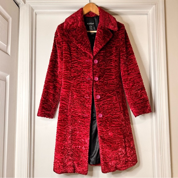 Bebe Burgundy Persian Lamb Faux Fur Coat - Size P - Picture 2 of 14